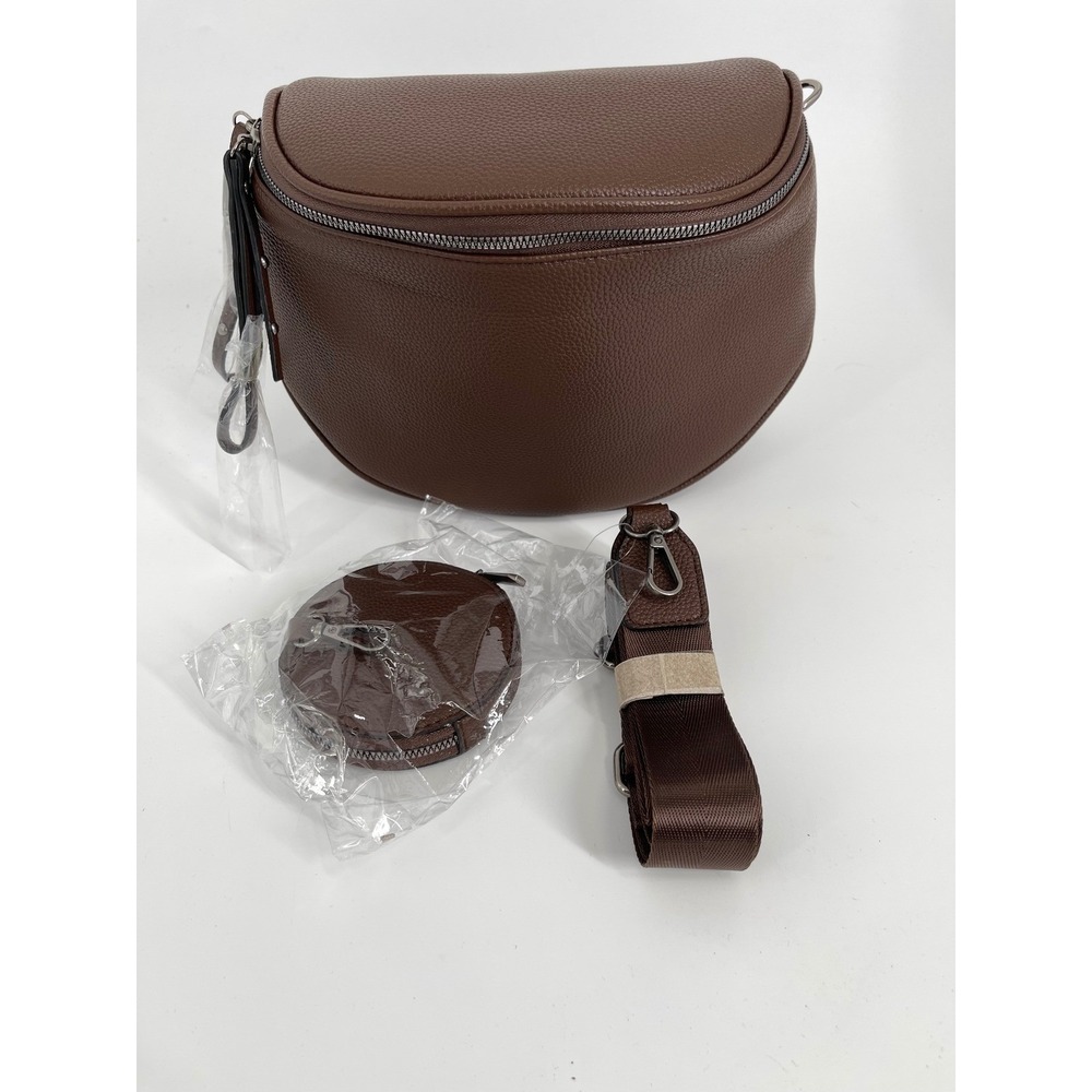 Brown Pebbled Vegan Leather Crossbody Bag with Coin Purse and Webbed Strap